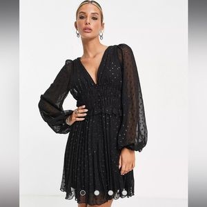 ASOS ruched waist pleated mini dress in metallic texture in black Size US 6